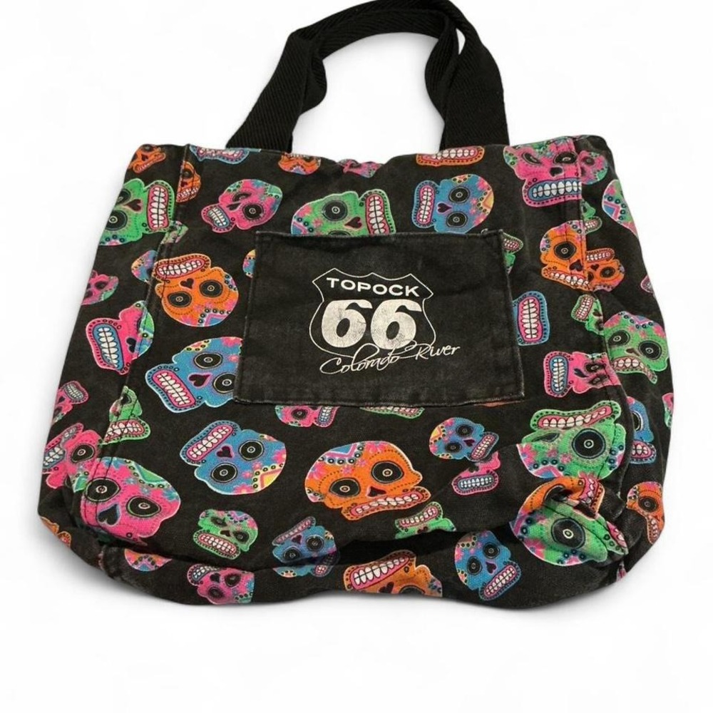 Colorful skull pattern and a patch pocket for "Topock 66 on the Colorado‎ River"